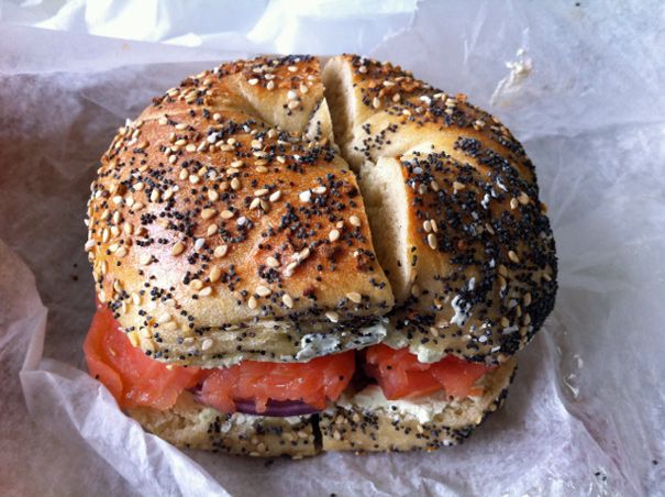 Loaded lox sandwich on a fresh everything bagel from Absolute Bagels