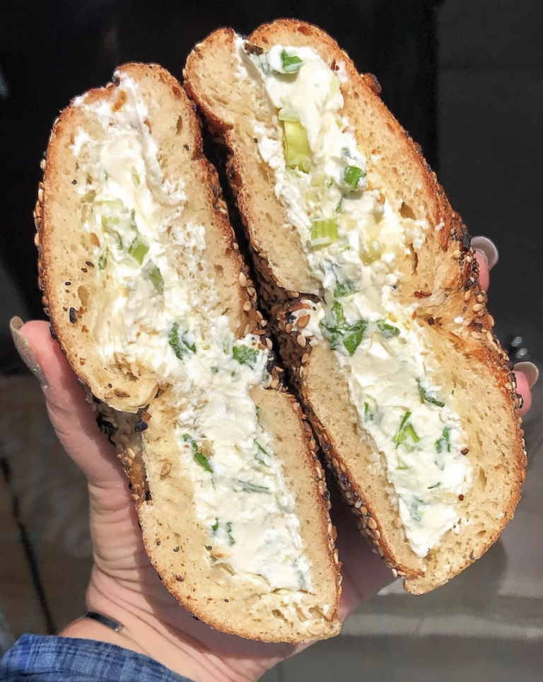 Everything bagel with low-fat scallion cream cheese from Brooklyn Bagel & Coffee Company