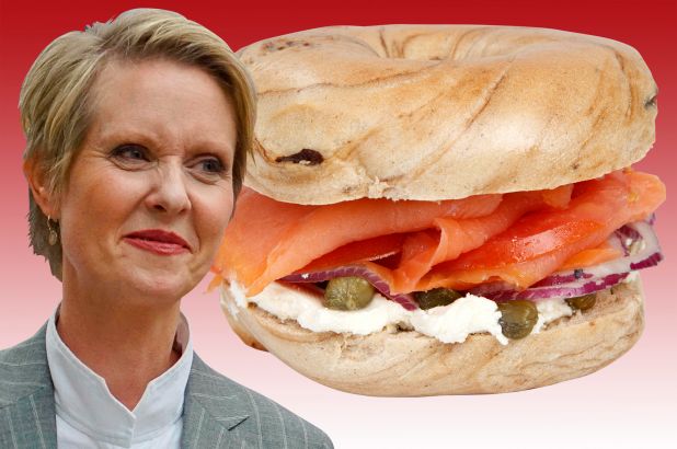 A picture of Cynthia Nixon and her infamous bagel order, a cinnamon-raisin bagel with cream cheese, lox, red onion, tomato, and capers